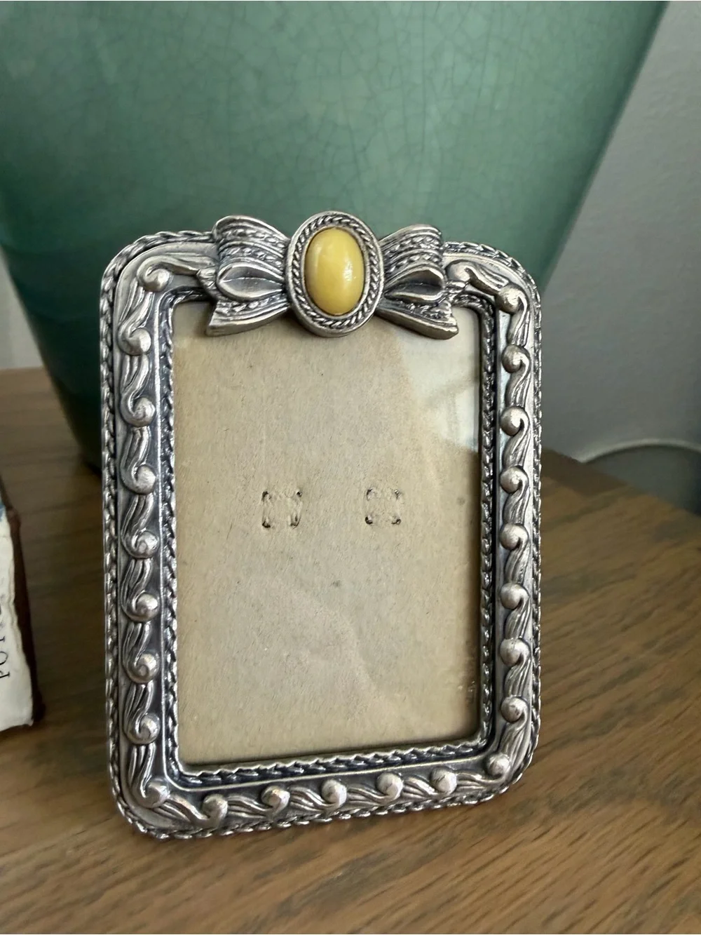 VTG 3x4 Hollywood Regency Silver Metal Bow Picture Frame Yellow Cabochon Pic 2x3